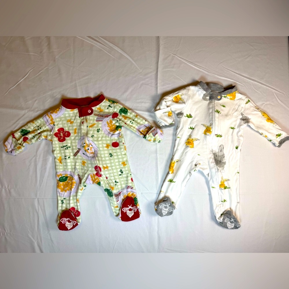 Set of 2 Burt's Bees Baby Newborn Pasta & Bunny Rabbit Design Footie Pajamas!